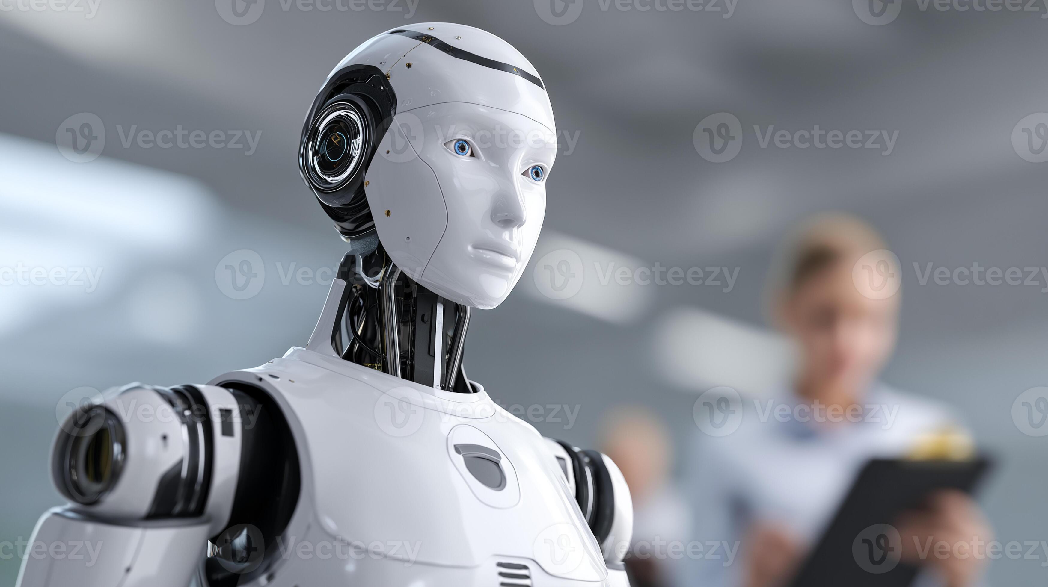 Humanoid robot in modern office environment representing AI and automation in the workplace
