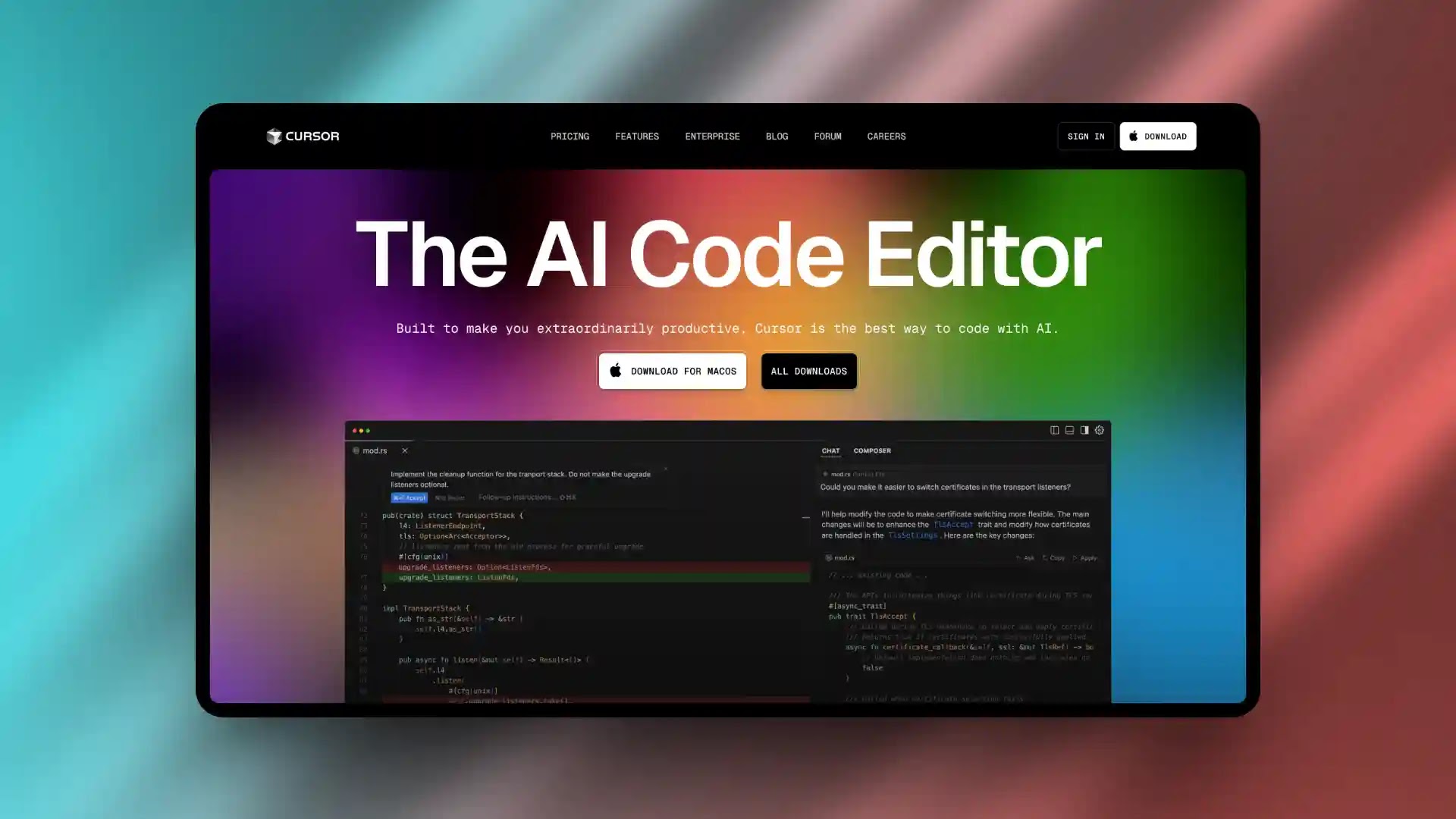 Modern AI-powered IDE showing code development with multiple windows and AI assistance features
