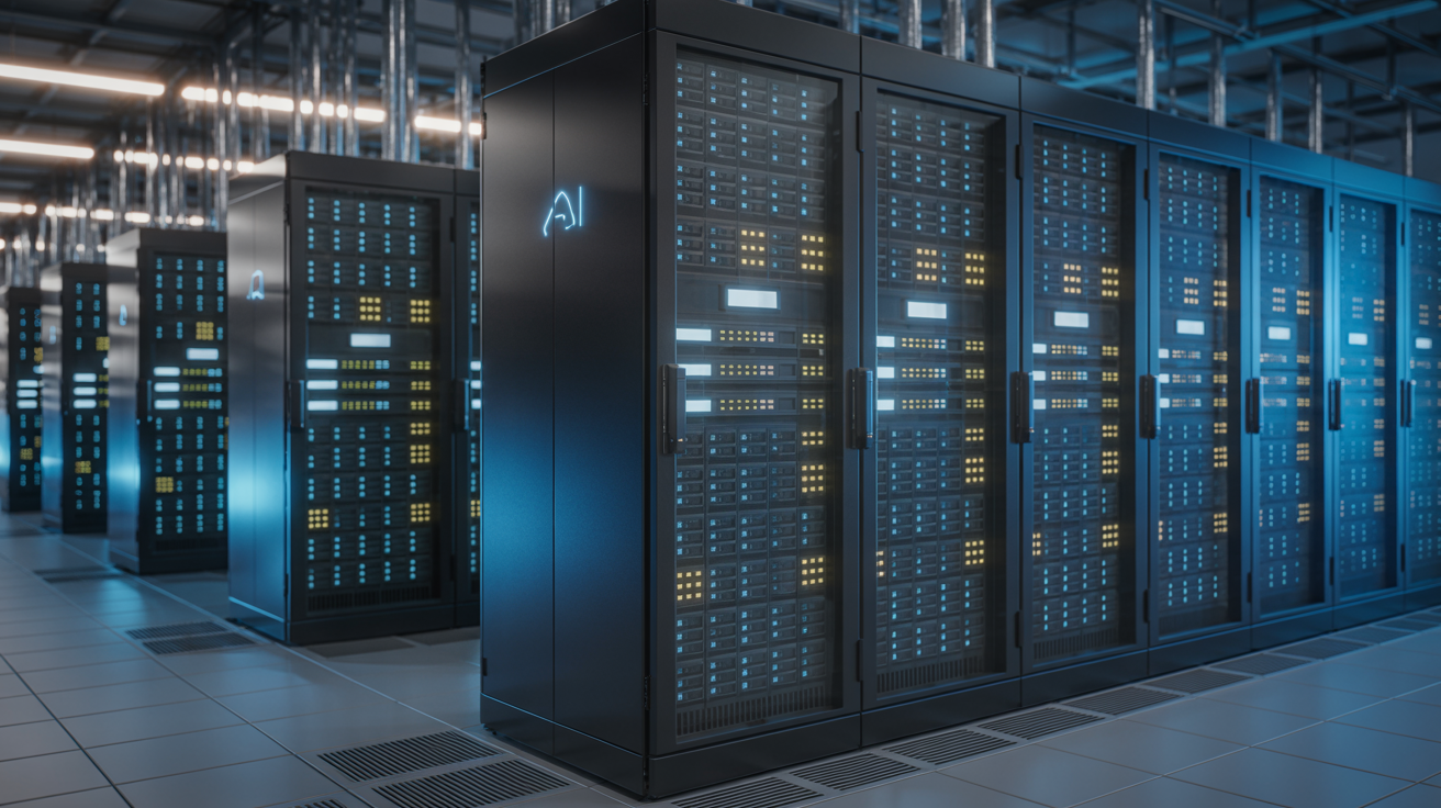 Modern AI data center with rows of illuminated servers representing massive technology infrastructure investment