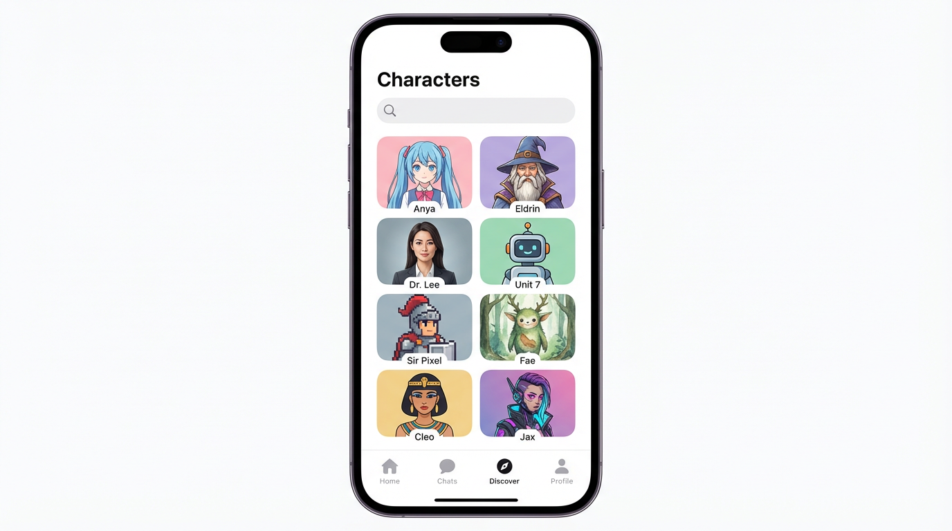 Generic chatbot interface showing multiple character avatars