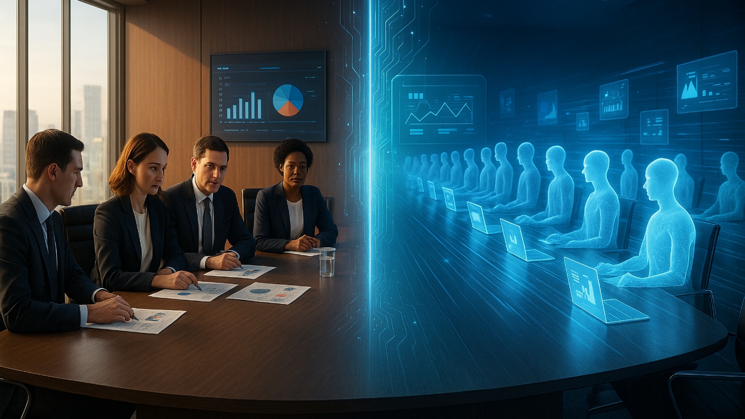 Professional enterprise boardroom meeting with AI strategy documents and screens showing data visualizations