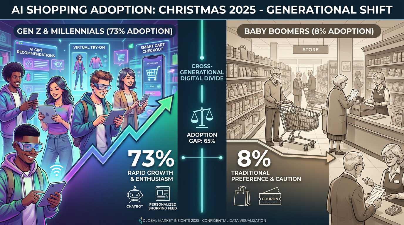 Split-screen infographic showing generational AI shopping adoption rates
