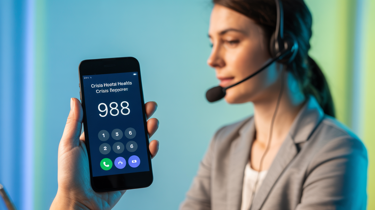 Mental health crisis support resources showing 988 hotline