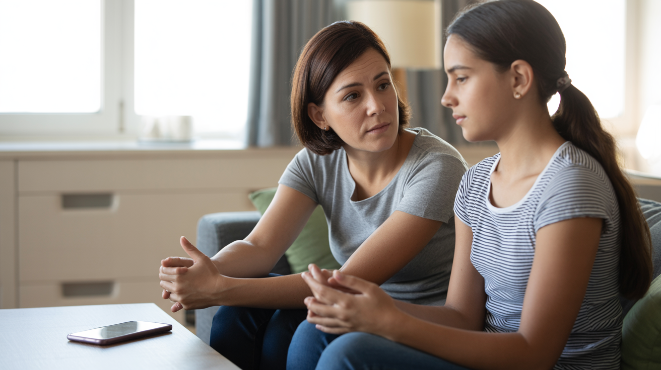 Parent and teenager having serious conversation about technology