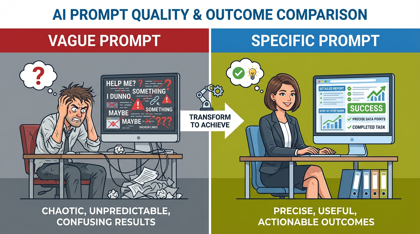 Split-screen comparison showing vague vs specific AI prompts with contrasting results