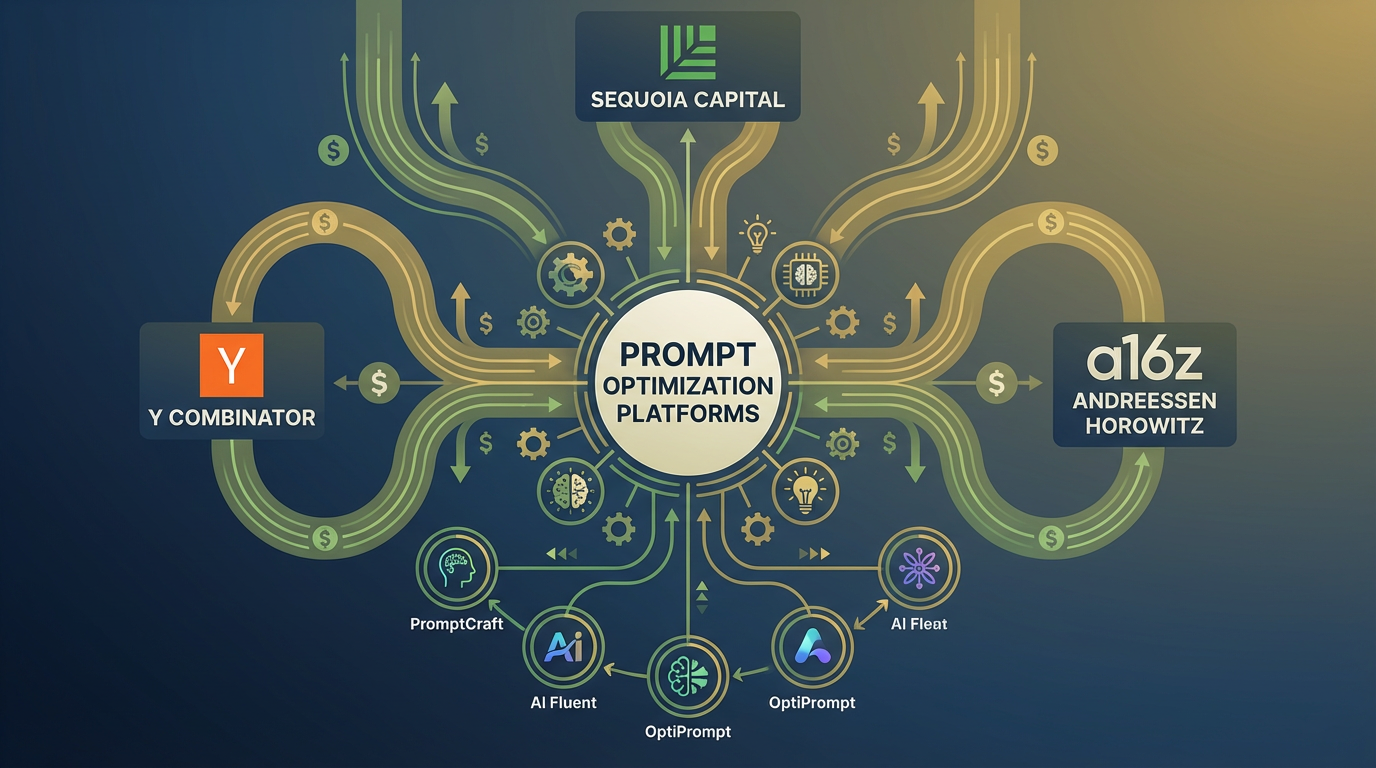 Investment ecosystem showing VC firms, startups, and money flow in prompt optimization space